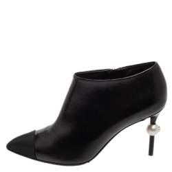 Chanel Black Leather and Fabric Cap Pointed-Toe Ankle Booties Size 36.5