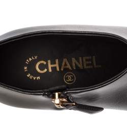 Chanel Black Leather and Fabric Cap Pointed-Toe Ankle Booties Size 36.5