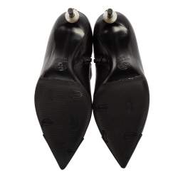 Chanel Black Leather and Fabric Cap Pointed-Toe Ankle Booties Size 36.5