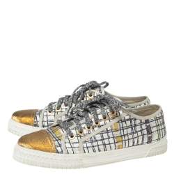 Chanel White Printed Fabric and Gold Lurex Cap Toe Low-Top Sneakers Size 41