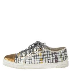 Chanel White Printed Fabric and Gold Lurex Cap Toe Low-Top Sneakers Size 41