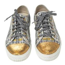 Chanel White Printed Fabric and Gold Lurex Cap Toe Low-Top Sneakers Size 41