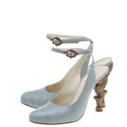 Pre Owned Chanel Light Blue Leather Cap Toe Baroque Heel Ankle Strap Sandals Size 38.5