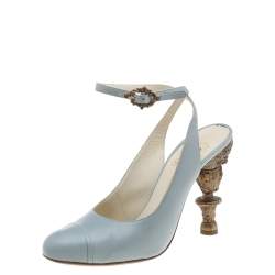 Pre Owned Chanel Light Blue Leather Cap Toe Baroque Heel Ankle Strap Sandals Size 38.5