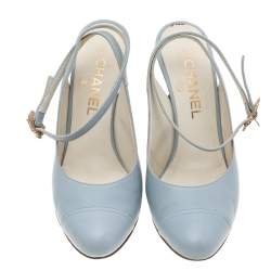 Pre Owned Chanel Light Blue Leather Cap Toe Baroque Heel Ankle Strap Sandals Size 38.5