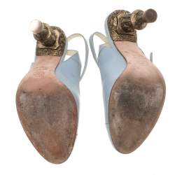 Pre Owned Chanel Light Blue Leather Cap Toe Baroque Heel Ankle Strap Sandals Size 38.5