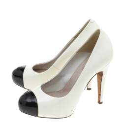 Pre Owned Chanel White/Black Leather CC Cap Toe Platform Pumps Size 36.5