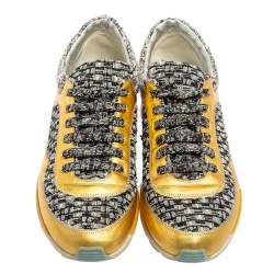 Pre Owned Chanel Multicolor Tweed And Leather Lace Up Sneakers Size 37