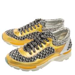 Pre Owned Chanel Multicolor Tweed And Leather Lace Up Sneakers Size 37