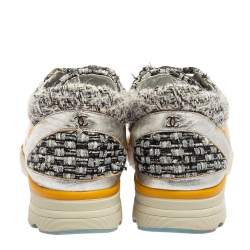 Pre Owned Chanel Multicolor Tweed And Leather Lace Up Sneakers Size 37