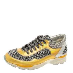 Pre Owned Chanel Multicolor Tweed And Leather Lace Up Sneakers Size 37