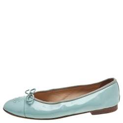 Pre Owned Chanel Light Green Patent Leather Bow CC Cap Toe Ballet Flats Size 39.5