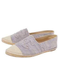 Pre Owned Chanel Purple/Off-White Fabric CC Cap Toe Espadrille Flats Size 38