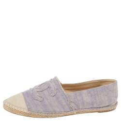 Pre Owned Chanel Purple/Off-White Fabric CC Cap Toe Espadrille Flats Size 38