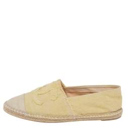Pre Owned Chanel Yellow/Beige Canvas CC Cap Toe Espadrille Flats Size 38
