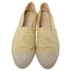 Pre Owned Chanel Yellow/Beige Canvas CC Cap Toe Espadrille Flats Size 38