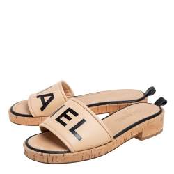 Pre Owned Chanel Beige Leather Logo Cork Slide Sandals Size 38.5