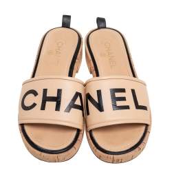 Pre Owned Chanel Beige Leather Logo Cork Slide Sandals Size 38.5