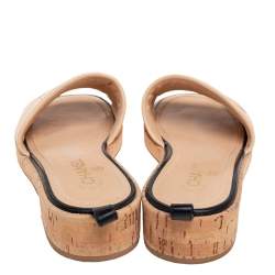 Pre Owned Chanel Beige Leather Logo Cork Slide Sandals Size 38.5
