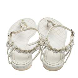Pre Owned Chanel White Leather CC Flower Thong Flats Size 37