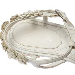 Pre Owned Chanel White Leather CC Flower Thong Flats Size 37