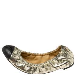 Pre Owned Chanel Metallic Gold/Black Leather Cap Toe Scrunch Ballet Flats Size 37