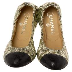 Pre Owned Chanel Metallic Gold/Black Leather Cap Toe Scrunch Ballet Flats Size 37