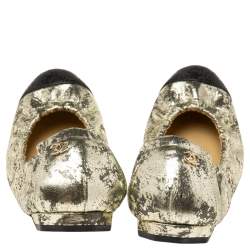 Pre Owned Chanel Metallic Gold/Black Leather Cap Toe Scrunch Ballet Flats Size 37