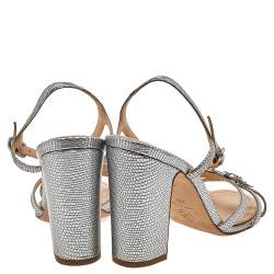 Pre Owned Chanel Silver Textured Patent Leather Crystal Embellished Bow Block Heel Ankle Strap Sandals Size 40