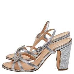 Pre Owned Chanel Silver Textured Patent Leather Crystal Embellished Bow Block Heel Ankle Strap Sandals Size 40