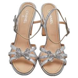 Pre Owned Chanel Silver Textured Patent Leather Crystal Embellished Bow Block Heel Ankle Strap Sandals Size 40