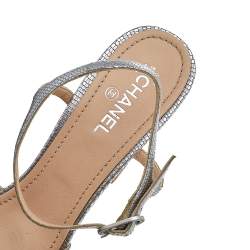 Pre Owned Chanel Silver Textured Patent Leather Crystal Embellished Bow Block Heel Ankle Strap Sandals Size 40