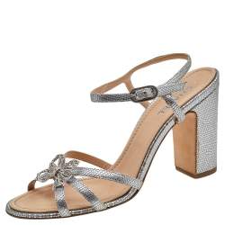 Pre Owned Chanel Silver Textured Patent Leather Crystal Embellished Bow Block Heel Ankle Strap Sandals Size 40
