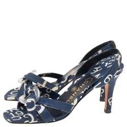 Pre Owned Chanel White/Blue Printed Canvas Cross Strap Slingback Sandals Size 36.5