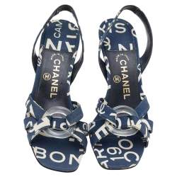 Pre Owned Chanel White/Blue Printed Canvas Cross Strap Slingback Sandals Size 36.5