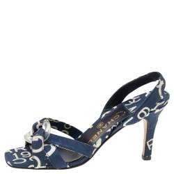 Pre Owned Chanel White/Blue Printed Canvas Cross Strap Slingback Sandals Size 36.5