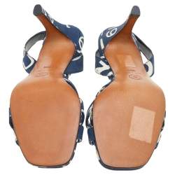 Pre Owned Chanel White/Blue Printed Canvas Cross Strap Slingback Sandals Size 36.5