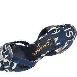 Pre Owned Chanel White/Blue Printed Canvas Cross Strap Slingback Sandals Size 36.5