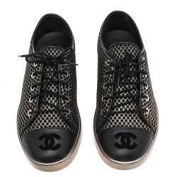 Pre Owned حذاء رياضي شانيل غطاء مقدمة سي سي جلد وشبكة ذهبي/أسود عنق منخفض مقاس 38