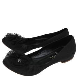 Pre Owned Chanel Black Satin CC Flower Embellished Ballet Flats Size 37.5