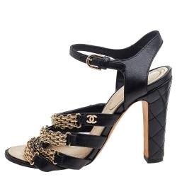 Pre Owned Chanel Black Leather CC Chain Link Ankle Strap Sandals Size 36