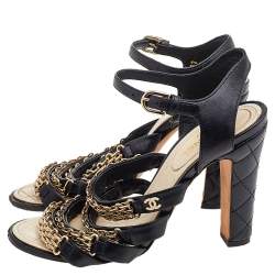 Pre Owned Chanel Black Leather CC Chain Link Ankle Strap Sandals Size 36