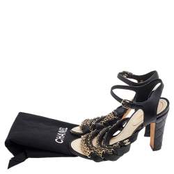 Pre Owned Chanel Black Leather CC Chain Link Ankle Strap Sandals Size 36