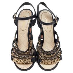 Pre Owned Chanel Black Leather CC Chain Link Ankle Strap Sandals Size 36