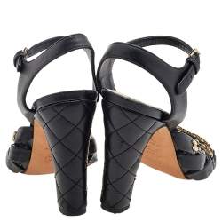Pre Owned Chanel Black Leather CC Chain Link Ankle Strap Sandals Size 36