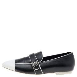 مملوكة مسبقًا حذاء لوفرز شانيل سليب أون غطاء مقدمة سي سي جلد أبيض/ أسود مقاس 37