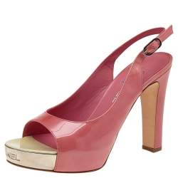 Chanel Pink Patent Leather Slingback Platform Sandals Size 38.5