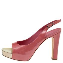 Chanel Pink Patent Leather Slingback Platform Sandals Size 38.5