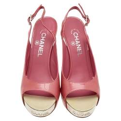 Chanel Pink Patent Leather Slingback Platform Sandals Size 38.5