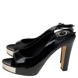Pre Owned Chanel Black Patent Leather Slingback Platform Sandals Size 38.5